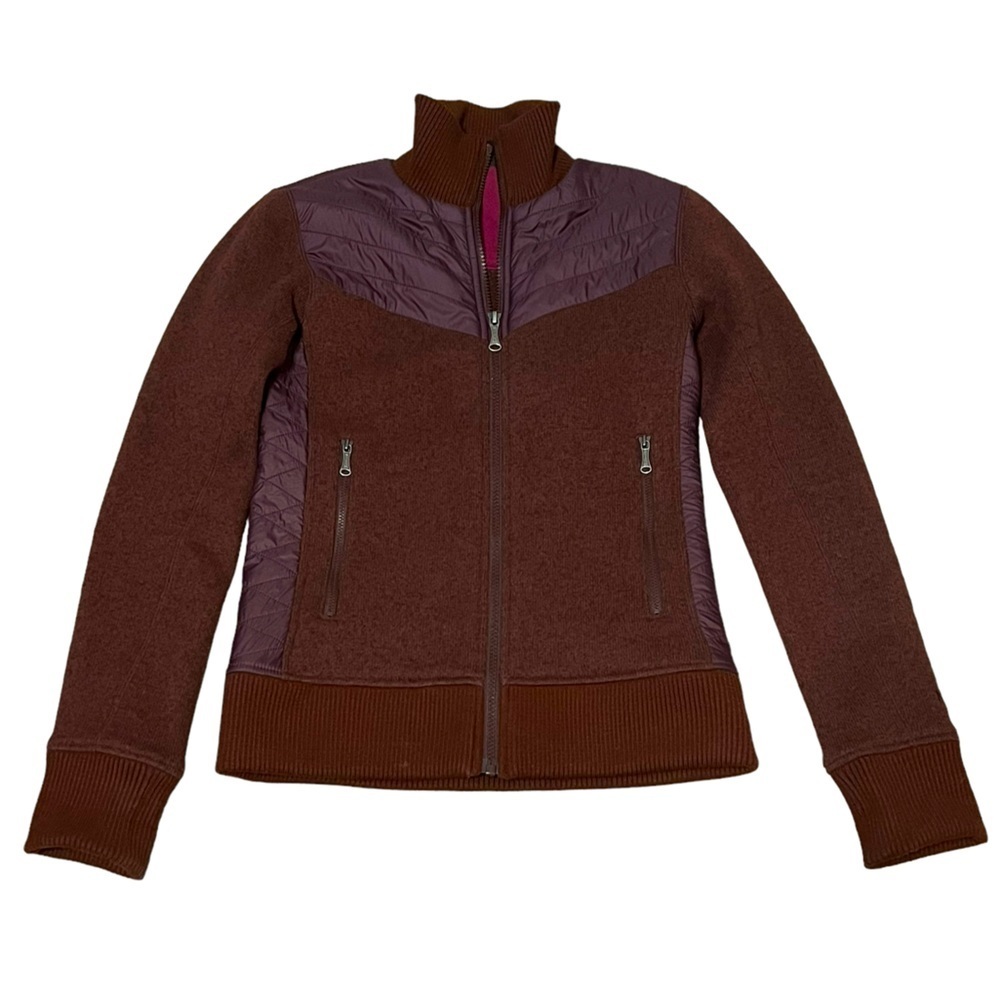 Marmot tech sweater fleece ribbed quilted accents full zip jacket in burgundy